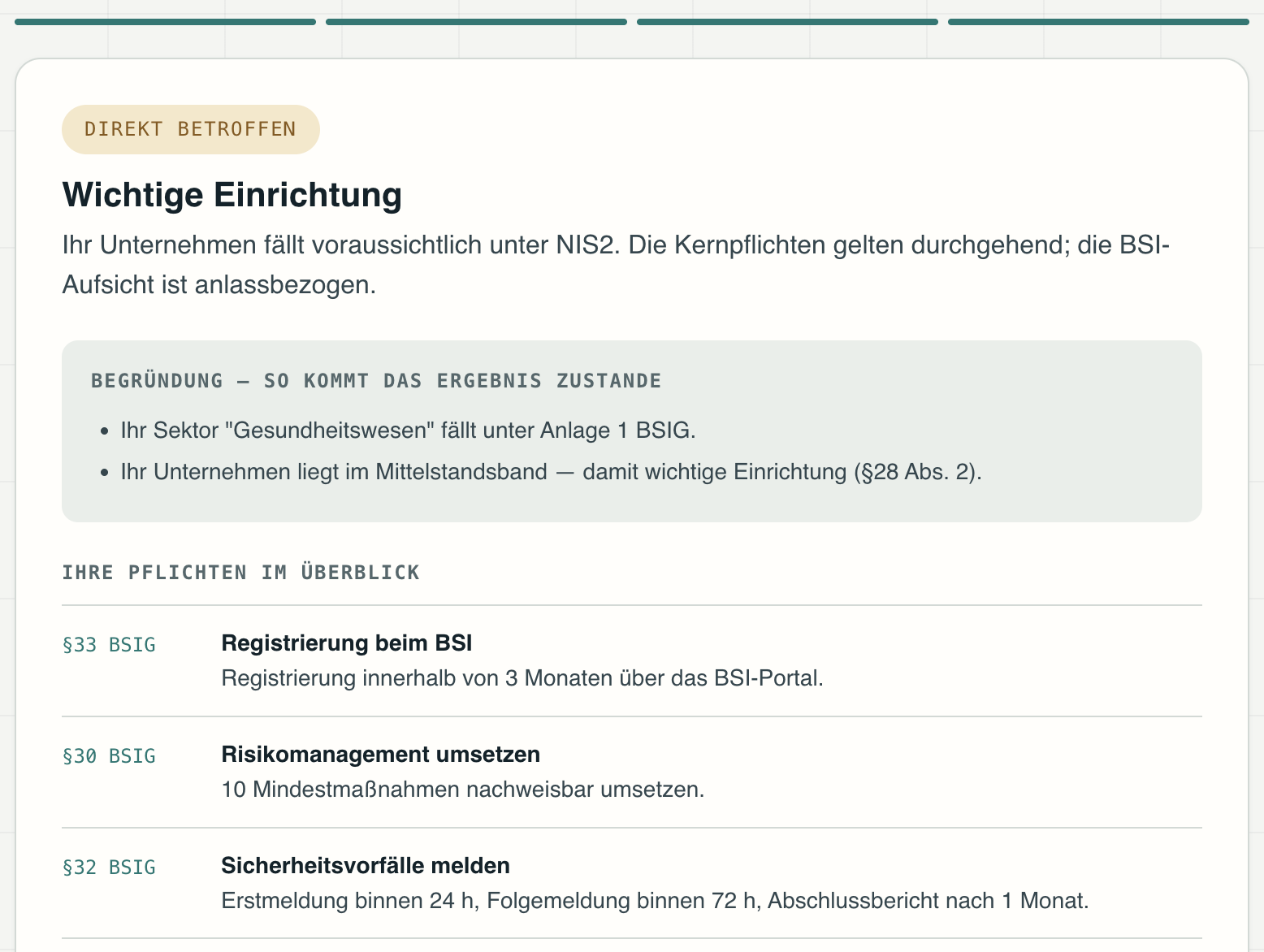 Screenshot des NIS2-Betroffenheits-Checks mit dem Ergebnis 'Wichtige Einrichtung'.